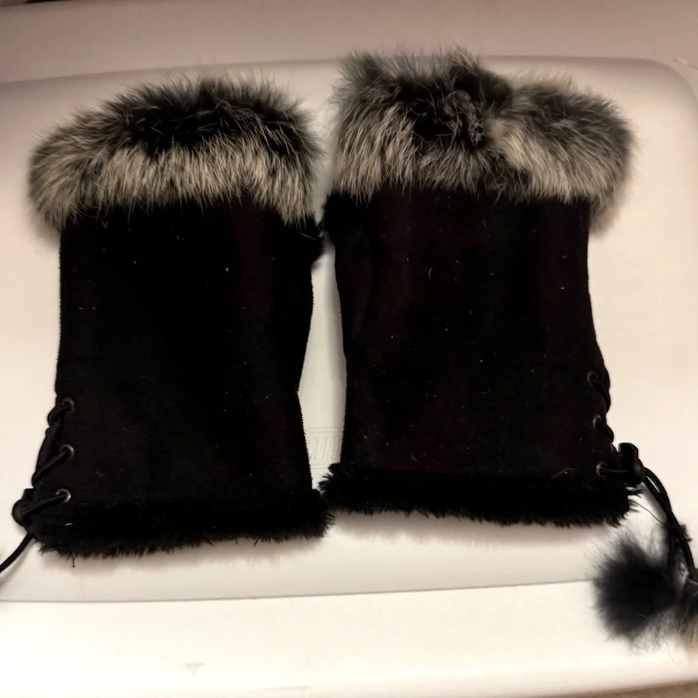 Vintage Shearling Suede Fingerless Gloves Rabbit Fur Trim Black Ivory Mittens